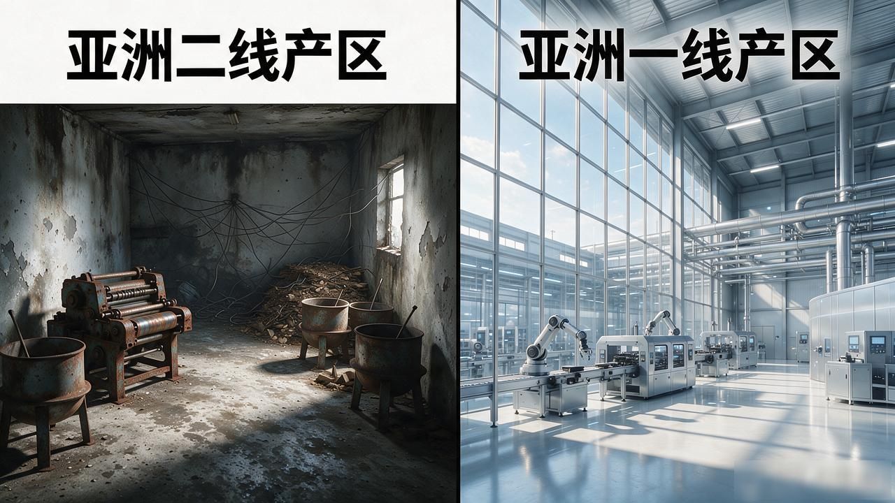 请详细阐述亚洲一线产区和二线产区在产量、价格、品质方面的主要区